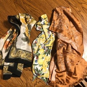 Three silky scarves. Used as hair scarves